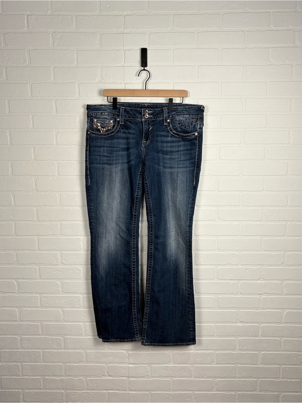 Vigoss Women Mid Rise Bootcut Jeans Dark Wash Rhinestone Embellished Size 15/16
